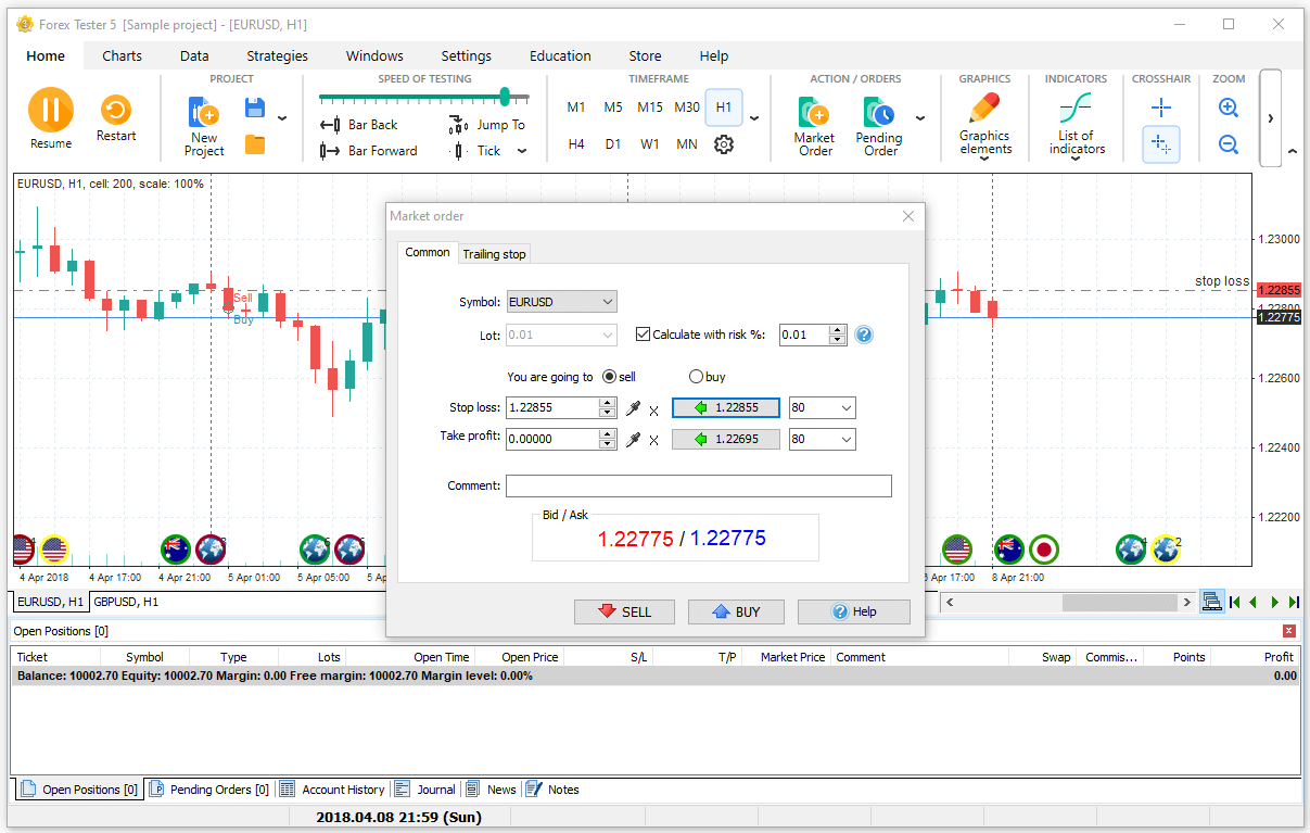 How to adjust market order settings in Forex Tester software